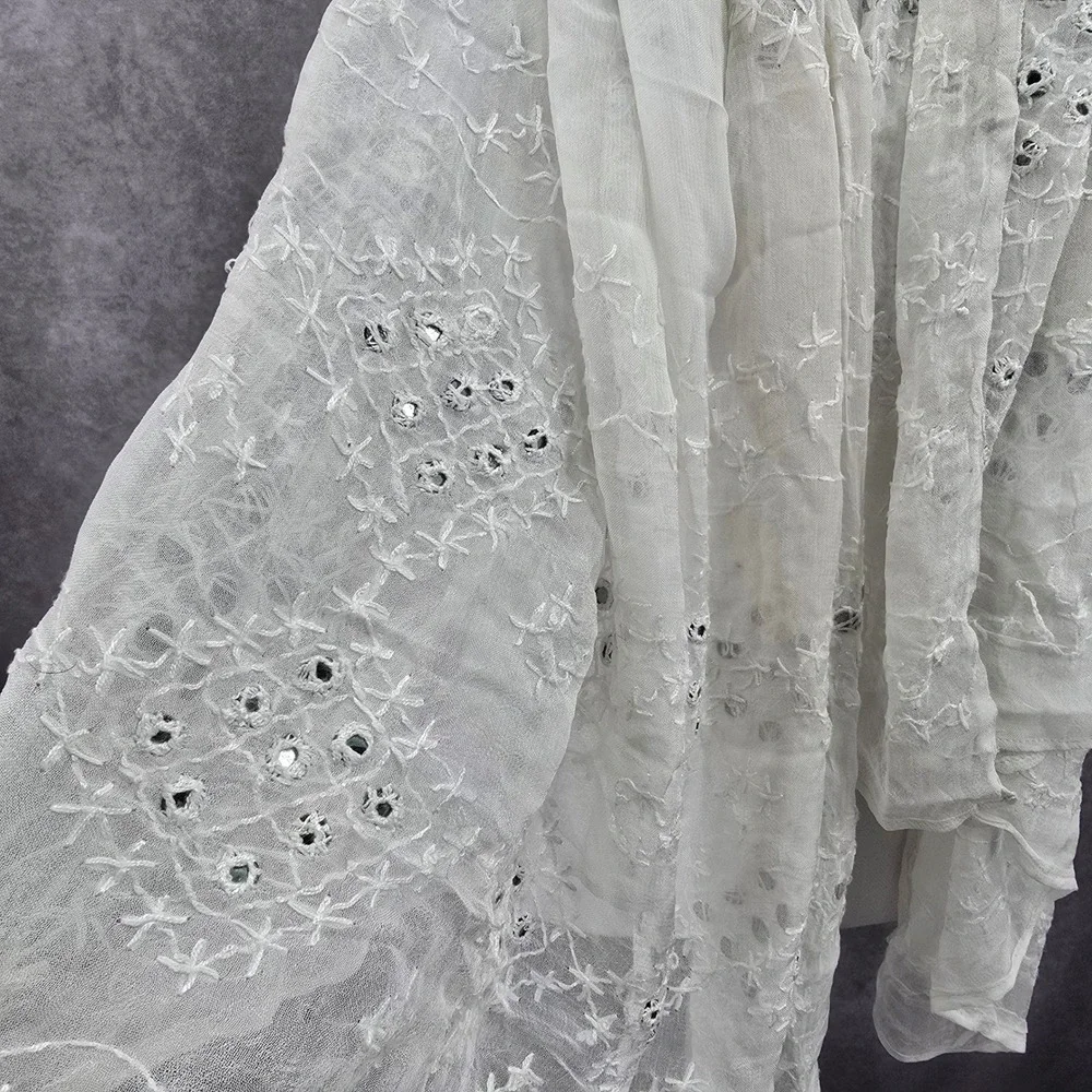 White Glass Embroidered Cottage Fairy Oversized Whimsy Boho Floral Scarf Wrap OS